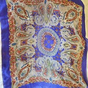 Vintage 100% Silk Paisley Floral Scarf Blue Square Hand Rolled Hem